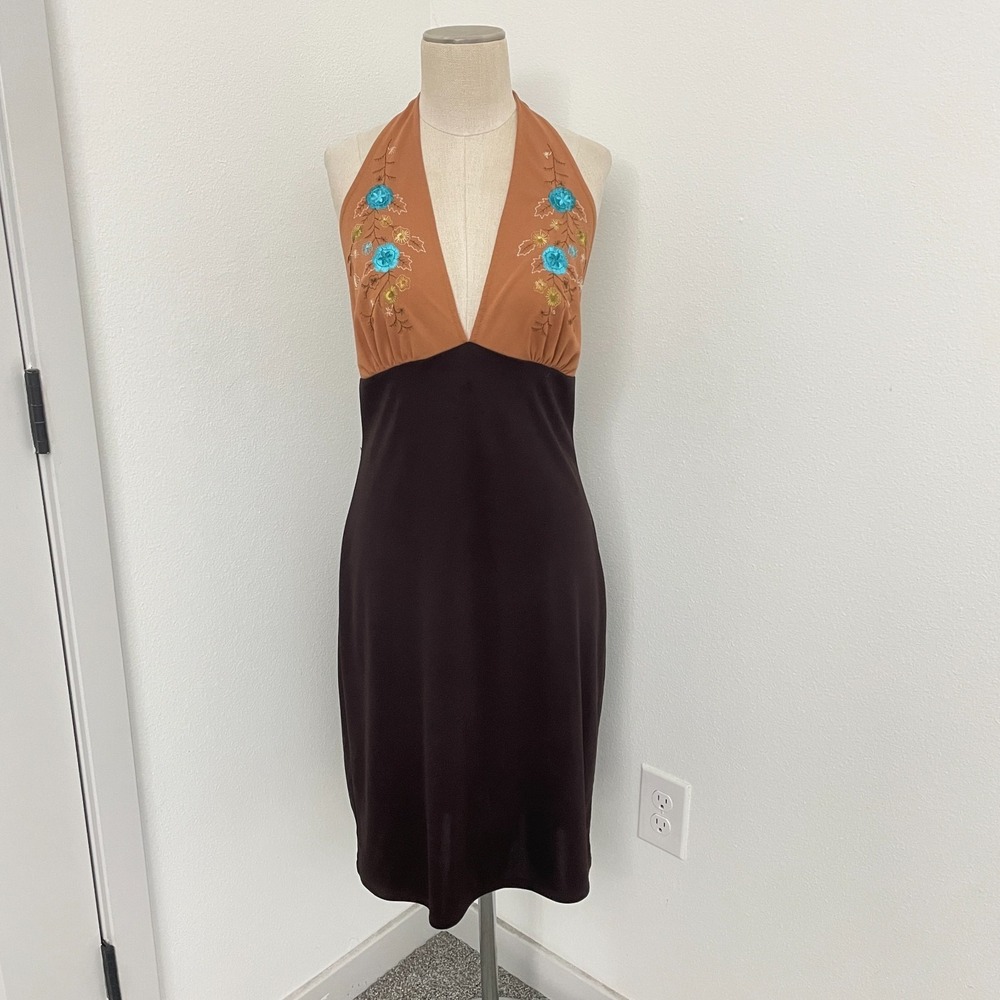 Y2K‎ Bisou Bisou Halter Neck Dress Women 10 Brown Embroidery Boho Chic Femme